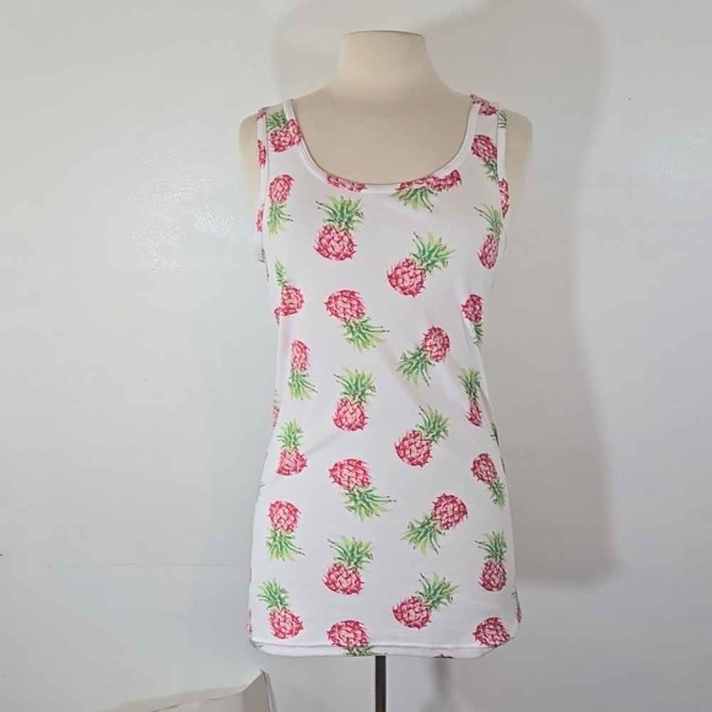 Time and Tru Pineapple Print Pink & White Tank Top XLarge